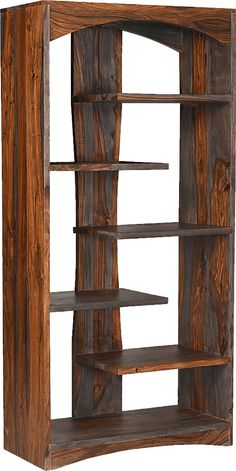 a wooden bookcase with three shelves on each side