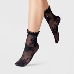 Add elegant style to your everyday looks with the Jewel Floral Sheer Anklet Socks With Ruffle from A New Day™. These black socks feature a sheer construction with floral knit detailing for a textured appeal. Adorned with rhinestones, these anklet socks showcase ruffled trim and banded cuffs for an eye-catching look. Plus, they're made from soft and stretchy fabric for comfortable wear. A New Day™: Style that goes wherever you do. Elegant Black Socks For Spring, Black Ruffle Socks, Fashion Outfits Simple, Lacy Socks, Alex Core, Black Anklet, Tulle Socks, Retro Inspired Fashion, Outfits Simple