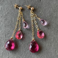 Pink 14k Gold Filled Dangle Jewelry, Pink 14k Gold-filled Dangle Jewelry, Pink 14k Gold-filled Wire Wrapped Earrings, Pink Teardrop 14k Gold Filled Jewelry, Pink Briolette Earrings For Pierced Ears, Pink 14k Gold Filled Drop Earrings, Pink Long Drop Chandelier Earrings As Gift, Color Quartz, Island Park