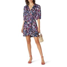 Purple floral printed silk (100% Silk). Hourglass. Three quarter sleeves. V-neckline. Hidden side seam zipper closure. 35" from shoulder to hemline. Imported. Rent Dresses, Tanya Taylor, Taylor Dress, Rent The Runway, Printed Silk, Purple Floral, Three Quarter Sleeves, Dress First, Quarter Sleeve