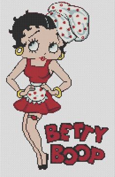 a cross stitch pattern with a woman in a red dress and the words betty boop