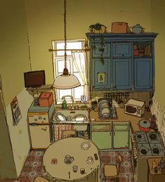 the kitchen is full of appliances and furniture in this cartoon - like image, there is a table with chairs around it