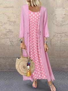 Boho 3/4 Sleeve Spaghetti Straps Polka Dot Printed Casual Two Piece Maxi Dress - Azzlee Dresses By Length, Pink Maxi Dress, Style Maxi Dress, Loose Dress, Types Of Dresses, Dress Size Chart, Two Piece Dress, Types Of Skirts, Dot Print