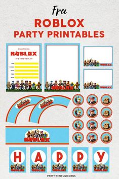 the roblox party printables are displayed on a white background with red and blue