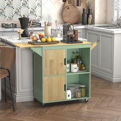 a kitchen island cart with food on it