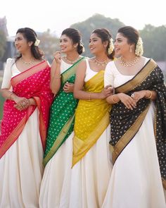 South Indian Wear For Women, South Indian Choli Design, Jhanvi Kapoor South Indian Look, Half Saree For Bridesmaid, Bridesmaid Dresses South Indian, South Indian Traditional Dress For Women, Party Wear Dhavani, Half Saree Lehenga Poses, Traditional Saree Outfit