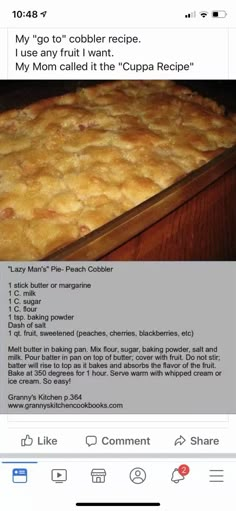 the recipe for this baked dessert is shown on facebook, and it appears to have been posted