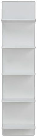 a white book shelf with five shelves on each side