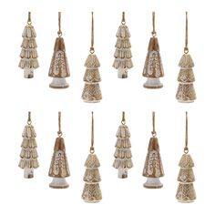 twelve christmas tree ornaments hanging from strings on a white background, each decorated with an ornament in the shape of a bell