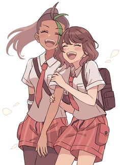 two girls in school uniforms are hugging each other with their hands on their hipss