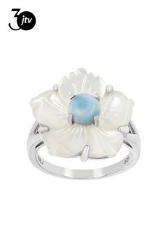 Pacific Style��� 20x20mm Carved Mother-of-Pearl & 6x6mm Round Cabochon Larimar Rhodium Over Silver Flower Ring. Measures approximately .75"L x .75"W. Not sizeable. Silver Flower Ring, Flower Ring, Silver Flowers, Mother Of Pearl, Silver Ring, Silver Rings, Carving, Sterling Silver, Ring