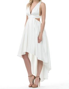 This gorgeous sleeveless cutout dress is great for semi formal, formal, and special occasions and can be wore as a beautiful but simple wedding dress. This flowy midi dress has a v neck in the front with straps from the front of the dress going down the back to the middle and is attached to an elastic band that going from left to right, Dress is very stylish with dress hook and eye with zipper in the middle back of the dress and hi low hemline. Material: 100% Polyester Neckline: V Neck Sleeve St Summer V-neck Midi Dress With Cutout, Elegant V-neck Backless Summer Dress, Formal V-neck Halter Dress For Spring, Fitted V-neck Halter Dress For Wedding, Elegant V-neck Backless Dress With Cutout Back, Elegant A-line Dress With Cutout, Elegant Halter Dress With Cutout Back For Evening, Spring A-line Dress With Cutout Back, Fitted V-neck Bridesmaid Dress For Spring