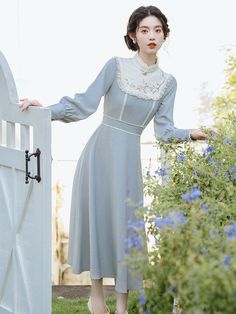 ❤︎Ice blue retro waist mark dress❤︎ Cottagecore Woman, Retro Dresses For Women, Regency Fashion Women, Long Sleeve Elegant Dress, French Palace, Long Sleeve Elegant Dresses, Floral Lantern, Vestidos Retro, Stand Neck