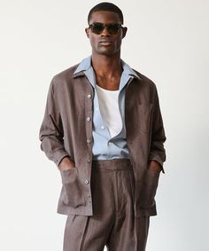 Irish Linen Chore Shirt in Brown Sweatshorts Shorts, Polo Coat, Fall Suit, Brown Suit, Linen Suits, Brown Suits, Denim Sweater, Slim Fit Suits, Linen Casual