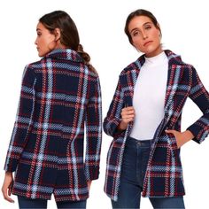 Nwt Never Been Worn. Throw On The Clement Navy Blue Plaid Coat, And Take On A Chilly Day In Style! This Cold-Weather Classic Features Thick Woven Fabric In A Navy Blue, Light Blue, White, And Red Plaid Pattern, That Falls From A Collared Neckline, Into Relaxed Long Sleeves. Long Lapels Lead Into A Two Button Front With Twin, Diagonal Welted Pockets. Casual Winter Peacoat With Lapel Collar, Fall Long Sleeve Peacoat, Blue Sweater Coat For Fall, Navy Peacoat For Fall, Navy Long Sleeve Outerwear For Fall, Navy Long Sleeve Peacoat For Fall, Navy Casual Peacoat For Fall, Trendy Blue Sweater Coat For Fall, Casual Long Peacoat For Fall