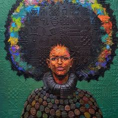 a painting of a woman with an afro on it's head and colorful circles around her