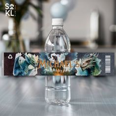 a water bottle label with an image of a dragon on it and the name michael's