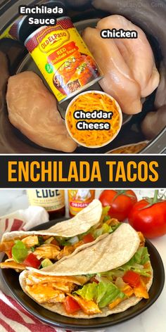 chicken enchilada tacos in the crock pot with ingredients labeled below