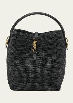 Saint Laurent Le 37 Raffia Bucket Bag - Bergdorf Goodman Designer Top Handle Bucket Bag For Errands, Designer Bucket Bag With Handles For Errands, Designer Bucket Bag With Detachable Strap And Top Handle, Luxury Crossbody Bucket Bag For Errands, Designer Straw Bag With Gold-tone Hardware, Luxury Bucket Bag With Gold-tone Hardware For Summer, Designer Black Straw Bag For Daily Use, Luxury Summer Bucket Bag With Gold-tone Hardware, Top Handle Straw Bag With Gold-tone Hardware