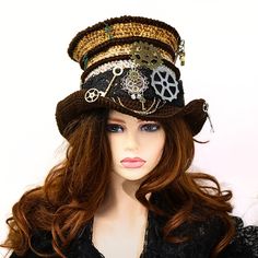 This colorful Lewis Carroll inspired Steampunk top hat adds a funky Victorian feel to your renfair costume, a Steampunk festival, a concert, or just for fun! Crocheted by hand, I've worked this in an ombre from brown to rusty gold, with bands of brown and a brown brim. Gears and keys abound, including both the brim and on the ridges, as well as a spare pair of tailors shears dangling at the top. I've also wired the brim so you can play with different looks. Made from premium acrylic, you can wear this hat all year. Firm enough to hang on a peg or rest on your shelf without losing shape, soft and comfortable on your head. This hat has some stretch for an adjustable head size fit. -6" rise, 2" wired brim -Fits 21-23.5" head circumference How to measure your head: - Using a fabric tape measur Winter Festival Top Hat With Short Brim, Halloween High Crown Hat For Themed Events, Punk Brimmed Costume Hats And Headpieces For Costume Party, Adjustable Cap For Costume, High Crown Hats For Halloween Themed Events, Adjustable High Crown Top Hat For Carnival, Adjustable High Crown Top Hat For Themed Events, Steampunk Top Hat With Short Brim For Costume Party, Adjustable Brimmed Punk Style Costume Hats And Headpieces