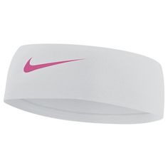 a white headband with a pink nike logo on the front and back side, against a white background