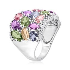 Ross-Simons - 15.20ct t. w. Multicolored Sapphire Ring, .24ct t. w. Diamonds. Size 5. Brimming with beautiful pastel hues, this gemstone ring makes a major statement on color! Here, 15.20 ct. t. w. sapphires stylishly scatter in lovely shades of orange, purple, pink, green and blue between .24 ct. t. w. round diamond borders. Finely crafted in polished 14kt white gold. 3/4" wide. Diamond and multicolored sapphire ring. Sapphire birthstones are the perfect gift for September birthdays. Fine Jewelry Multicolor Oval Gemstones, Multicolor Oval Gemstones For Anniversary, Oval Multicolor Gemstones For Anniversary, Multicolor Diamond Gemstones With Accents, Formal Multicolor Diamond Gemstones, Oval Multicolor Multi-stone Rings, Multicolor Sapphire Ring With Diamond Accents, Multicolor Brilliant Cut Sapphire Ring For Formal Occasions, Elegant Multicolor Brilliant Cut Sapphire Ring