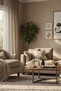 a living room with two couches and a coffee table in front of a window