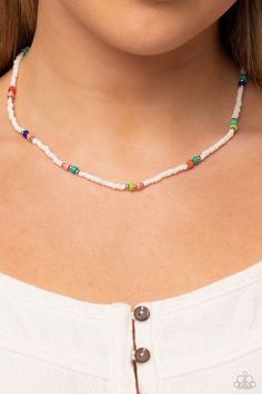 Infused on an invisible wire, white seed beads, silver studs, and circular multicolored stones coalesce around the collar for a puka-shell look-alike layer. Features an adjustable clasp closure. As the stone elements in this piece are natural, some color variation is normal. Sold as one individual necklace. Includes one pair of matching earrings. Latest Jewellery Trends, Puka Shell, Mixed Metal Jewelry, Black Seed, Paparazzi Accessories, White Necklace, Seed Bead Necklace, Latest Jewellery, Paparazzi Jewelry