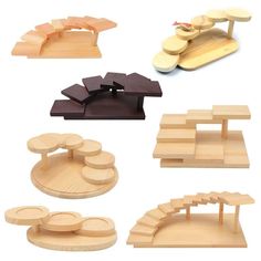 several wooden toys are arranged on top of each other, including one with an upside down table