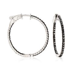 Ross-Simons - 1.00ct t.w. Black Diamond Inside-Outside Hoop Earrings. 1 1/8". Change up your look with our 1.00 ct. t.w. black diamond inside-outside hoop earrings in sterling silver. The glimmering diamond rounds adorn the polished sterling silver hoops, allowing you to shine from all angles. Hanging length is 1 1/8". Black diamond inside-outside hoop earrings. Diamond birthstones are the perfect gift for April birthdays. Gold And Silver Ring, Black Diamond Bracelet, Ring Wrap, Handmade Gold Ring, Diamond Earrings For Women, Black Diamond Jewelry, Precious Rings, Diamond Birthstone, Gold And Silver Rings