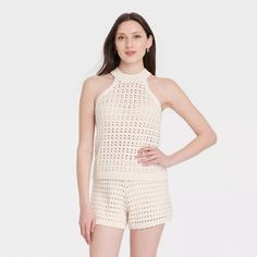 Women's Openwork Halter Crewneck Sweater Tank - Universal Thread™ Cream Xs : Target White Pointelle Knit Tank Top For Summer, Fitted Summer Knit Tank Top, Fitted Tank Knit Top For Summer, White Pointelle Knit Tank Top For Spring, Open Knit Top For Beach Season, Spring Stretch Crochet Top, Pointelle Knit Sleeveless Tank Top For Beach, Sleeveless Pointelle Knit Tank Top For Beach, Sleeveless Top With Pointelle Knit For Vacation