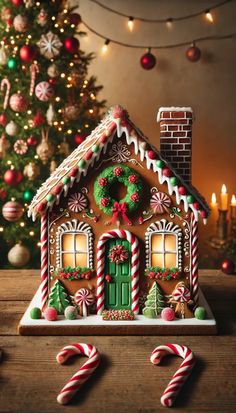 a gingerbread house with candy canes and christmas decorations