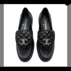 Best Seller! Very Hard To Find, Chanel Black Loafers Size 35.5 (Run 1/2 Size Small) Shoes Wishlist, Chanel Loafers, Coffee Date Outfits, Chanel Black And White, Chanel Flats, Lock Logo, Chanel Camellia, Leather Gladiator Sandals, Chanel Logo