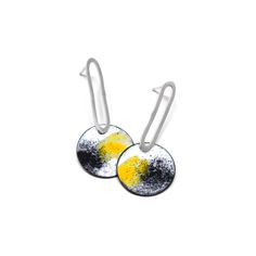 Add a pop of artistic flair to your look with these abstract enamel and silver earrings. Featuring a modern and completely unique sprinkled and painted enamel pattern, these contemporary earrings are sure to make a statement. Embrace your individuality with these eye-catching earrings that are perfect for adding a touch of creativity to any outfit. In the creation of enamel jewellery glass particles are fused to prepared metal through multiple high temperature firings. True vitreous enamel - as Modern Enamel Jewelry With Matching Earrings, Hand Painted Multicolor Modern Earrings, Artsy Enamel Drop Earrings, Modern Hand Painted Drop Earrings, Artistic Enamel Drop Earrings, Artistic Design Enamel Drop Earrings, Modern Multicolor Sterling Silver Earrings, Yellow Enamel Earrings, Artistic Enamel Earrings With Artistic Design