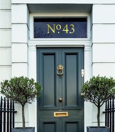 a green door with two planters on either side and no 43 sign above it