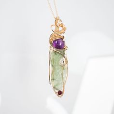 Moldavite with Amethyst and Garnet Bead Gold Pendant Crystal Guide, Herkimer Diamond, Natural Crystals, Gold Pendant, Gold Chains, Garnet, Jewelry Necklace Pendant, Amethyst, Jewelry Necklaces