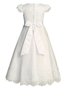 Gorgeous white First Communion dress for your sweet girl by Lito. Elegant A line cap sleeve dress with round neckline and embroidered tulle with sequins. Features zipper closure and sash that bow ties at the back. White Lace First Communion Dress With Short Sleeves, White Lace Short Sleeve First Communion Dress, White Tulle First Communion Dress With Lace Bodice, White Sleeveless First Communion Dress With Lace Trim, First Communion Dress With Lace Bodice, Tulle, Girls Communion Dresses, First Communion Dress, First Communion Dresses, Illusion Tulle