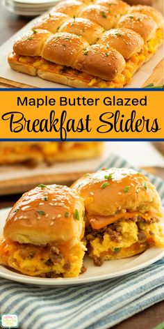 two plates filled with breakfast sliders and the words maple butter glazed breakfast sliders