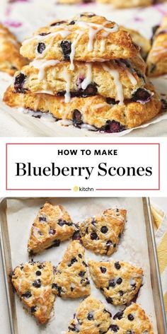 blueberry scones with icing on top and the words how to make blueberry scones