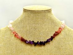 Ombré gemstone necklace. Gradient lavender choker. Beaded amethyst crystals gemstone necklace. This beautiful necklace is made from 4-8 mm gemstone chips. We purposely do not add to this crystal necklace any additional beads, such as metal or plastic. This is meant to keep the gemstone crystals in their purest state and bring you the maximum strength of the crystal healing property and vibration you need. This gemstone choker makes you feel amazing! It is made from 24 different beautiful gemston Healing Crystals Necklace, Beaded Crystal Necklace, Crystal Necklace Healing, Crystals Necklace, Gemstone Choker, Necklace Amethyst, Crystals Healing Properties, Amethyst Crystals, Beautiful Necklace