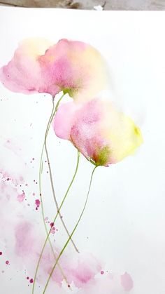 two pink flowers with green stems in watercolor on white paper, one flower has yellow and the other is red