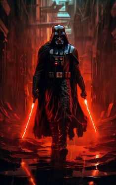 darth vader walking in the rain with two lights on his face and arms