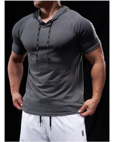 Compression Slim Fit Hooded Bodybuilding T Shirt Black Hooded T-shirt For Sports, Gray Hoodie Sportswear Top, Gray Technical Activewear For Streetwear, Casual Stretch Dri-fit Tops, Sporty Gray Hoodie Top, Gray Sporty Hoodie Top, Technical Stretch Hooded Activewear, Athletic Heather Stretch T-shirt With Moisture-wicking, Functional Hooded Tops With Sweat Resistance