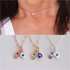 "Tiny hamsa and evil eye necklace DE T A I L S ✦available in silver, gold and rose gold with blue eye or white eye ✦evil eye charms are reversible ✦eye size: 5mm ✦hamsa hand: 5x7mm charm features a tiny blue cz stone L E N G T H L E N G T H ✦ All items are made to order, so please take a moment to make sure you are ordering the correct size. ✦ choose the length you need from the drop down menu model is wearing 14\" length M A T E R I A L ✦ silver: all components are 925 solid sterling silver. ✦g Dainty Evil Eye Jewelry For Good Luck, Silver Charm Necklace With Delicate Chain For Good Luck, Evil Eye Choker Necklace As Gift, Evil Eye Choker Necklace For Gift, Silver Jewelry With Delicate Chain For Good Luck, Silver Charm Necklace With Evil Eye For Good Luck, Silver Evil Eye Charm Necklace For Good Luck, Dainty Evil Eye Charm Necklace Gift, Dainty Silver Evil Eye Jewelry