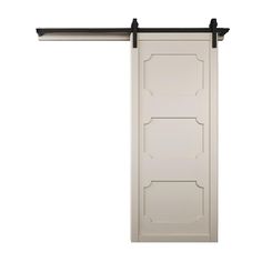 an open white door with black hardware on the top and bottom bars, against a white background