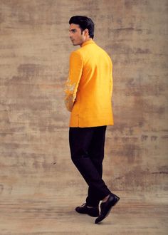 This Mustard Yellow Jodhpuri Jacket is in Raw Silk with Ivory Resham embroidery on the sleeves. This Jodhpuri Jacket can also be paired with any pastel colour Kurta Set or Ivory Color Slim Pants. Perfect fit for Haldi Functions. Brand: Panache Haute Couture Availability: Online and In-store Delivery Time: 4-6 Weeks Fabric: Jacket - Raw Silk, Trousers: Raw Silk Customisation: Colour Options Available. For more colour options please contact our team through WhatsApp+61470219564 Disclaimer: The mod Designer Raw Silk Bandhgala With Chikankari Embroidery, Cotton Silk Traditional Wear With Embroidered Sleeves For Eid, Traditional Wear With Embroidered Sleeves For Eid, Traditional Wear With Embroidered Long Sleeves In Cotton Silk, Cotton Silk Traditional Wear With Embroidered Sleeves, Traditional Cotton Silk Wear With Embroidered Long Sleeves, Festive Traditional Wear With Embroidered Sleeves In Cotton Silk, Long Sleeve Cotton Silk Sherwani With Intricate Embroidery, Festive Cotton Silk Traditional Wear With Embroidered Sleeves