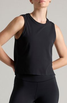 Stay cool and comfortable in this UPF-protective tank cut from a supersoft knit GoldFusion™ antimicrobial technology that keeps it fresh between washes. 21 1/2" length (size Medium) Jewel neck Moisture-wicking fabric engineered for dryness and comfort Chafe-free seamless construction for comfort UPF 50+ sun protection GoldFusion antimicrobial technology with gold nanoparticles is engineered to inhibit the growth of odor-causing germs and remains 99.9% effective for the lifetime of the garment 76 Everyday Activewear In Recycled Polyester, Everyday Solid Activewear In Recycled Polyester, Seamless Athleisure Tops For Layering, Versatile Seamless Tops For Layering, Black Seamless Athleisure Tank Top, Functional Black Tank Top With Seamless Construction, Black Compressive Seamless Top, Medium Support Scoop Neck Athleisure Top, Sleeveless Black Seamless Activewear