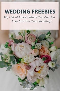 a bride holding a bouquet of flowers with the words wedding freebies written on it