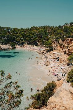 people are on the beach and in the water near some rocks, trees and cliffs