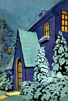 a painting of a blue house with snow on the ground and trees in front of it